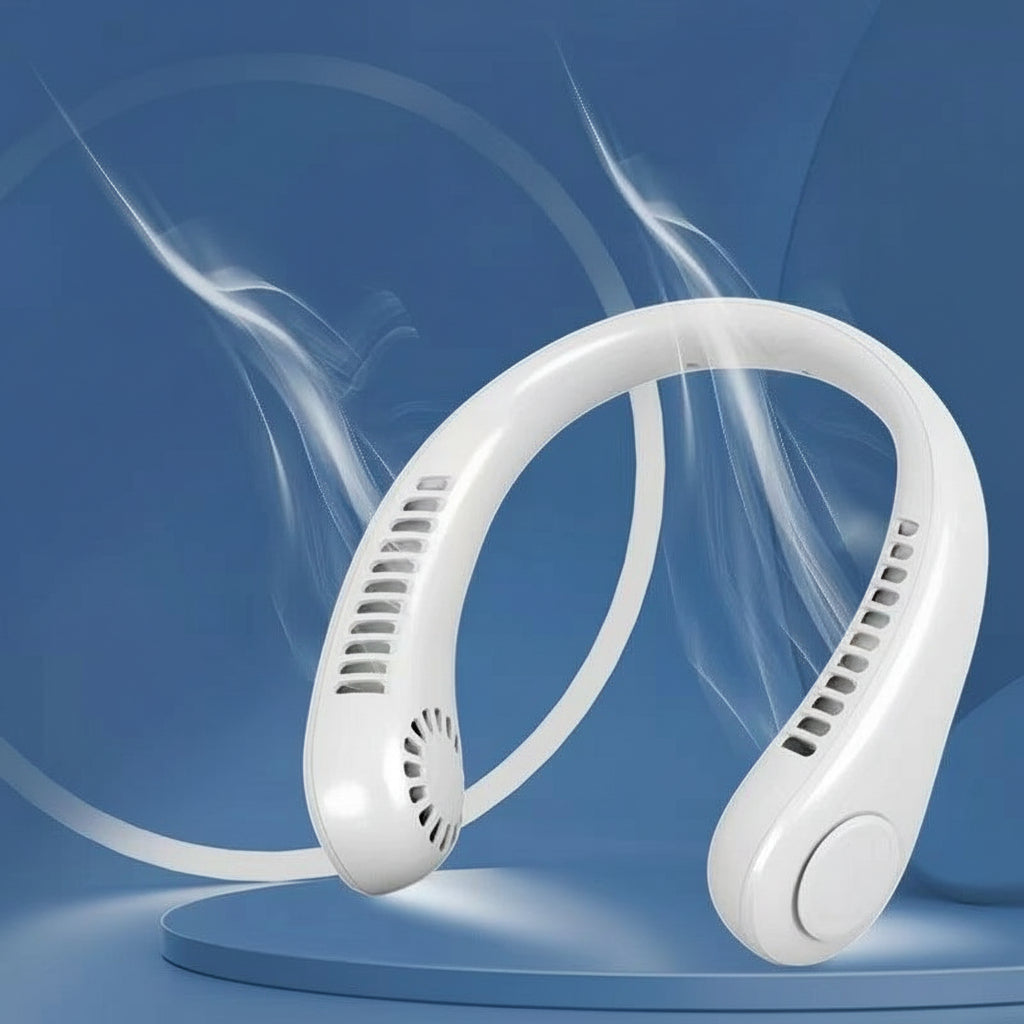 White neck fan on a blue background.