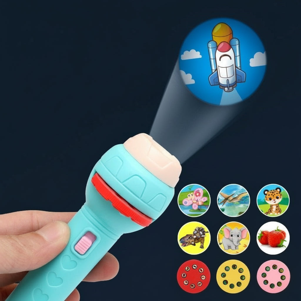 Toy flashlight with projection of a rocket and various other images on a dark background