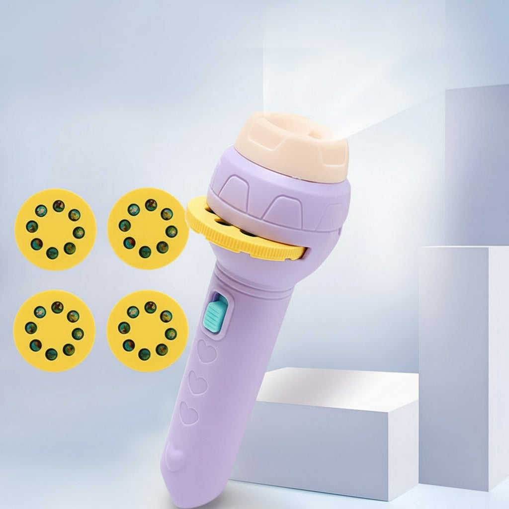 Purple flashlight with yellow accents and projection wheels on a light blue background