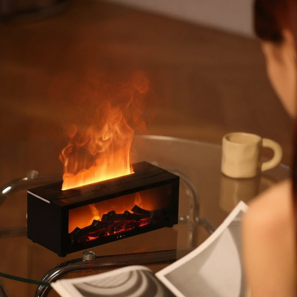 Small electric fireplace with flames on a table, surrounded by a cozy atmosphere.