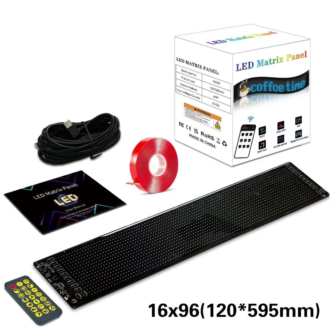 LED Matrix Panel kit with packaging, cable, ribbon, and remote control on a white background.