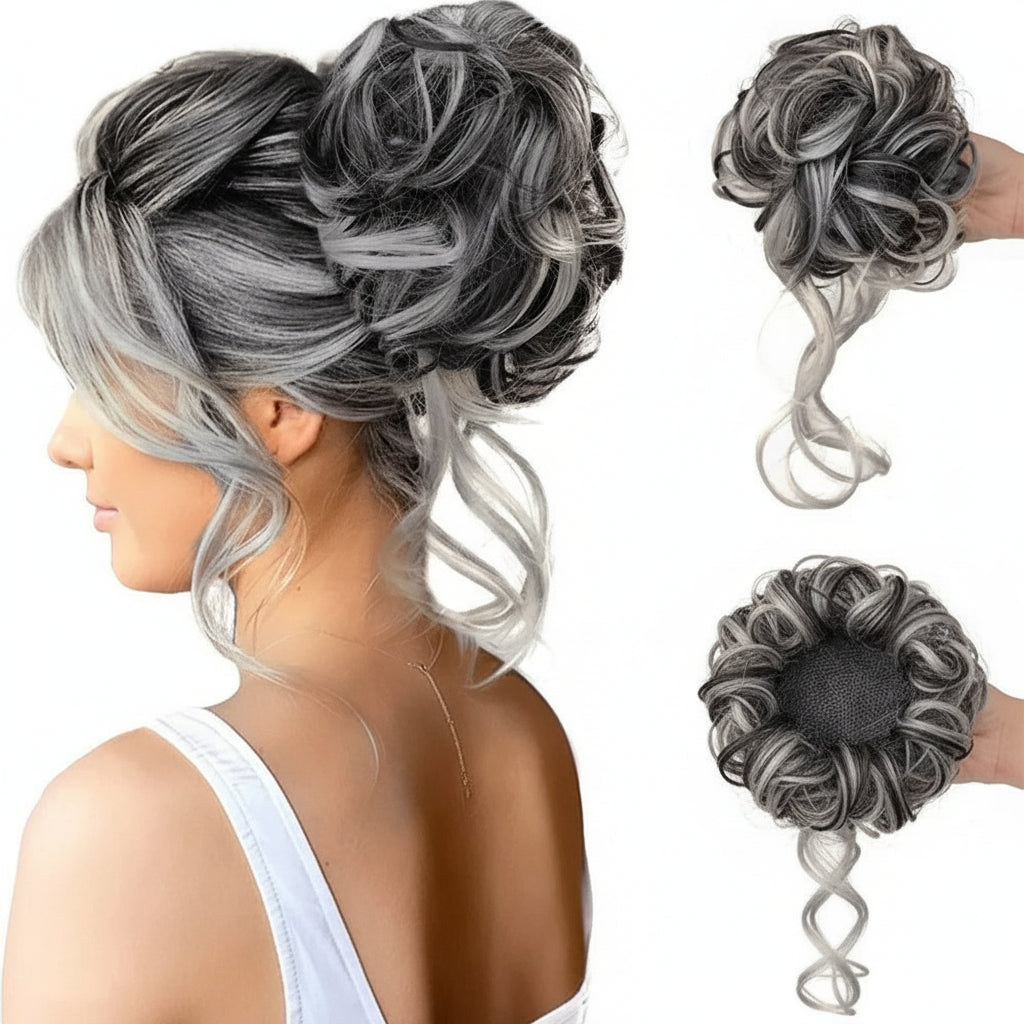 Gray hair extension styled on a person with close-up of extension in hand.