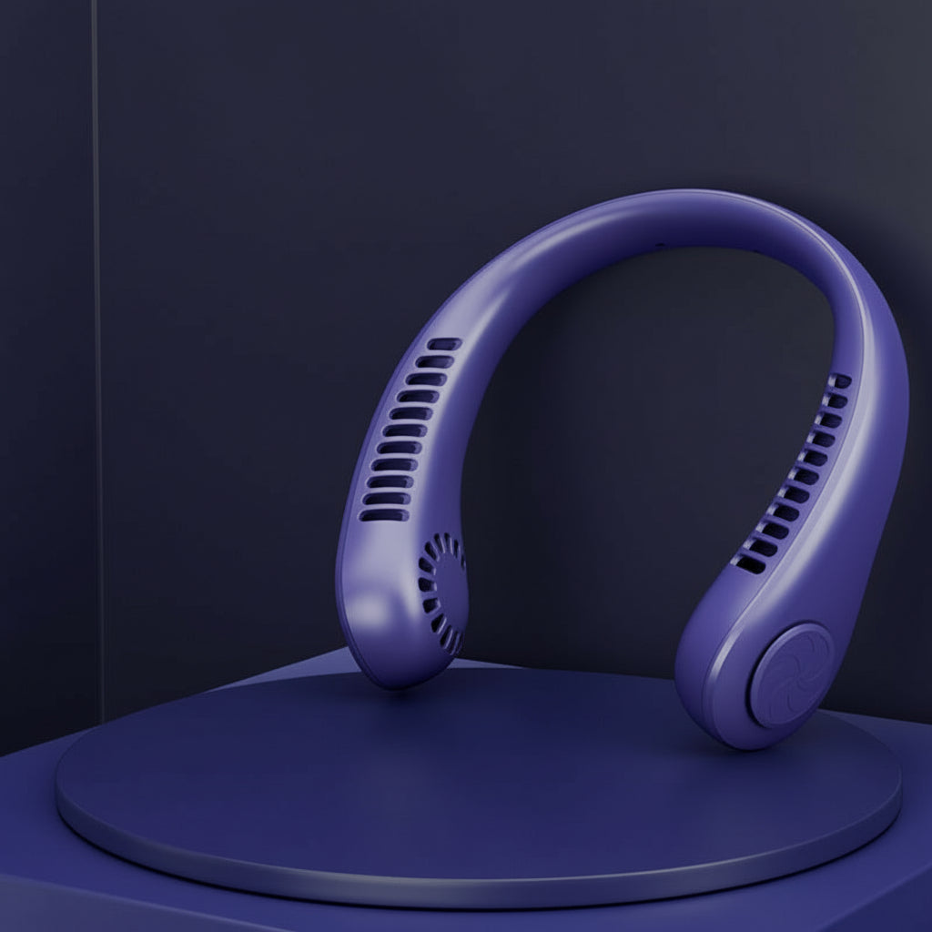 Blue hanging neck fan on a dark background with text