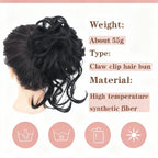 Claw clip hair bun with product details on a white background