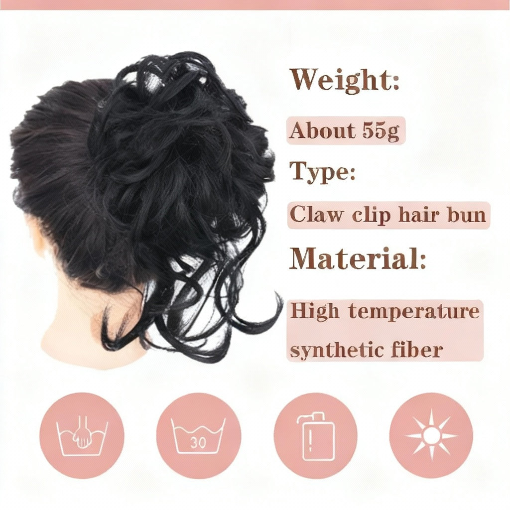 Claw clip hair bun with product details on a white background
