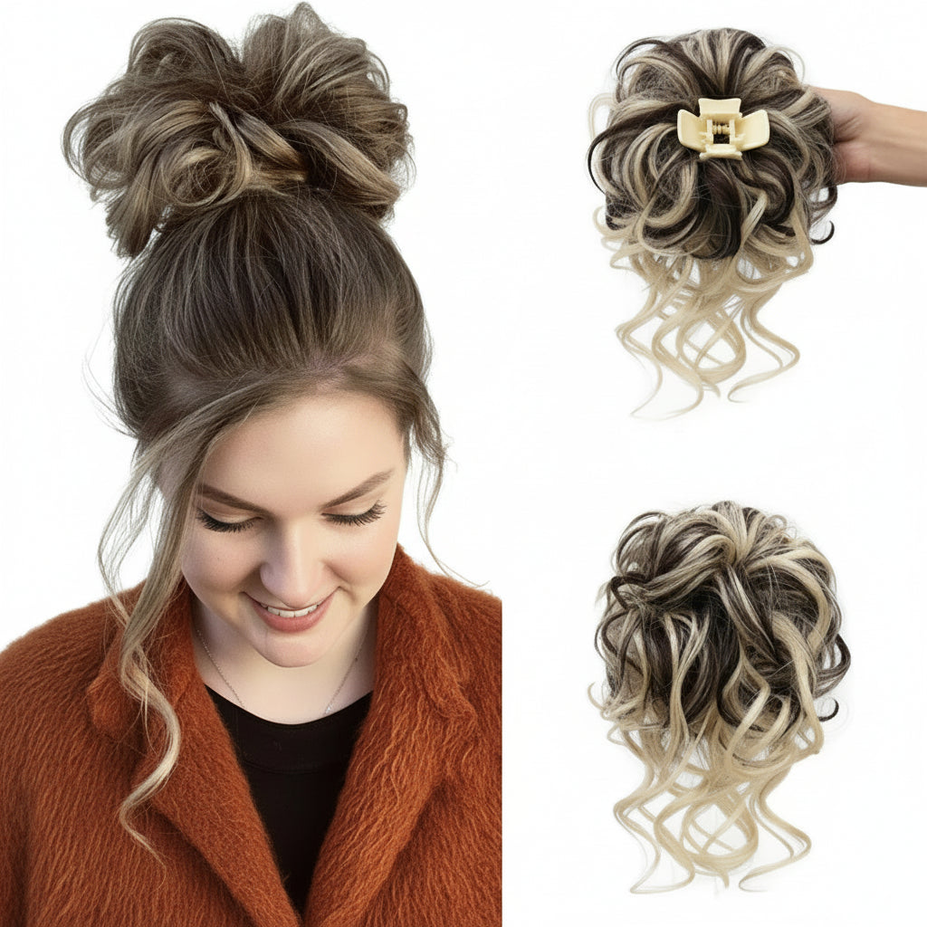 Hair extension product with a woman wearing it and a mannequin head displaying the hairpiece.