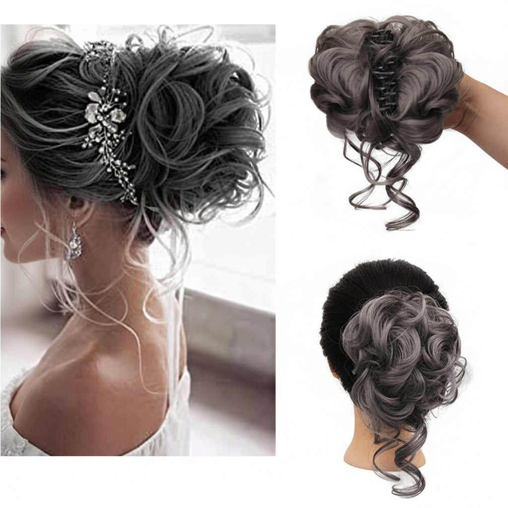 Hair bun extension on a mannequin head and close-up of styled hair with decorative elements.