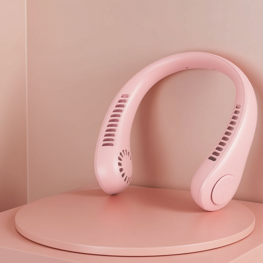 Pink hanging neck fan with text on a pink background