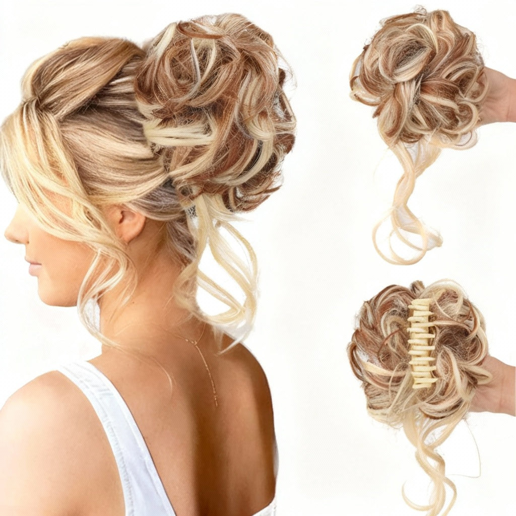 Blonde hair extension styled in an updo with additional extensions displayed.