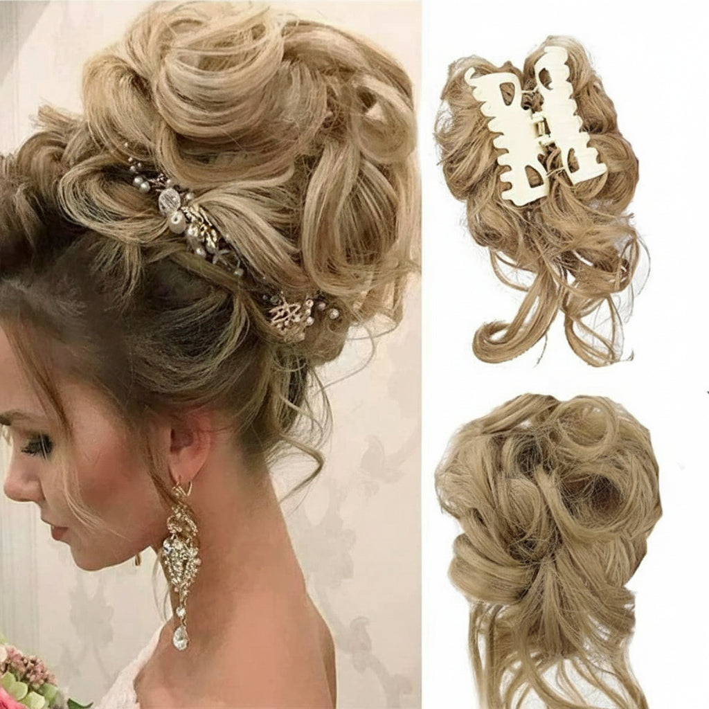 Blonde hairpiece styled in an updo with decorative elements, shown on a model and close-up.
