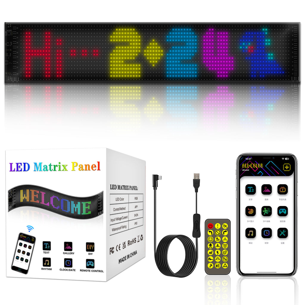 LED Matrix Panel with remote control, cable, and smartphone app on a reflective surface
