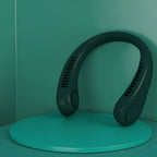 Hanging neck fan with text on a green background