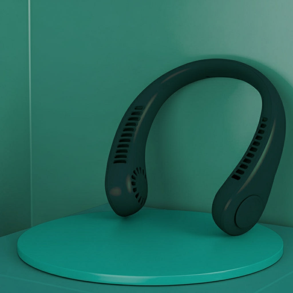 Hanging neck fan with text on a green background