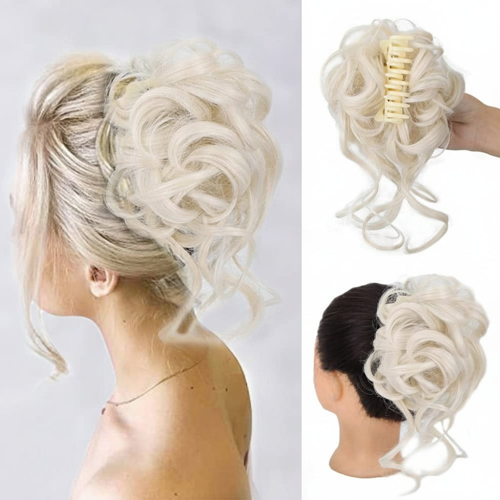 Blonde hair extension on a mannequin head with close-up of product.
