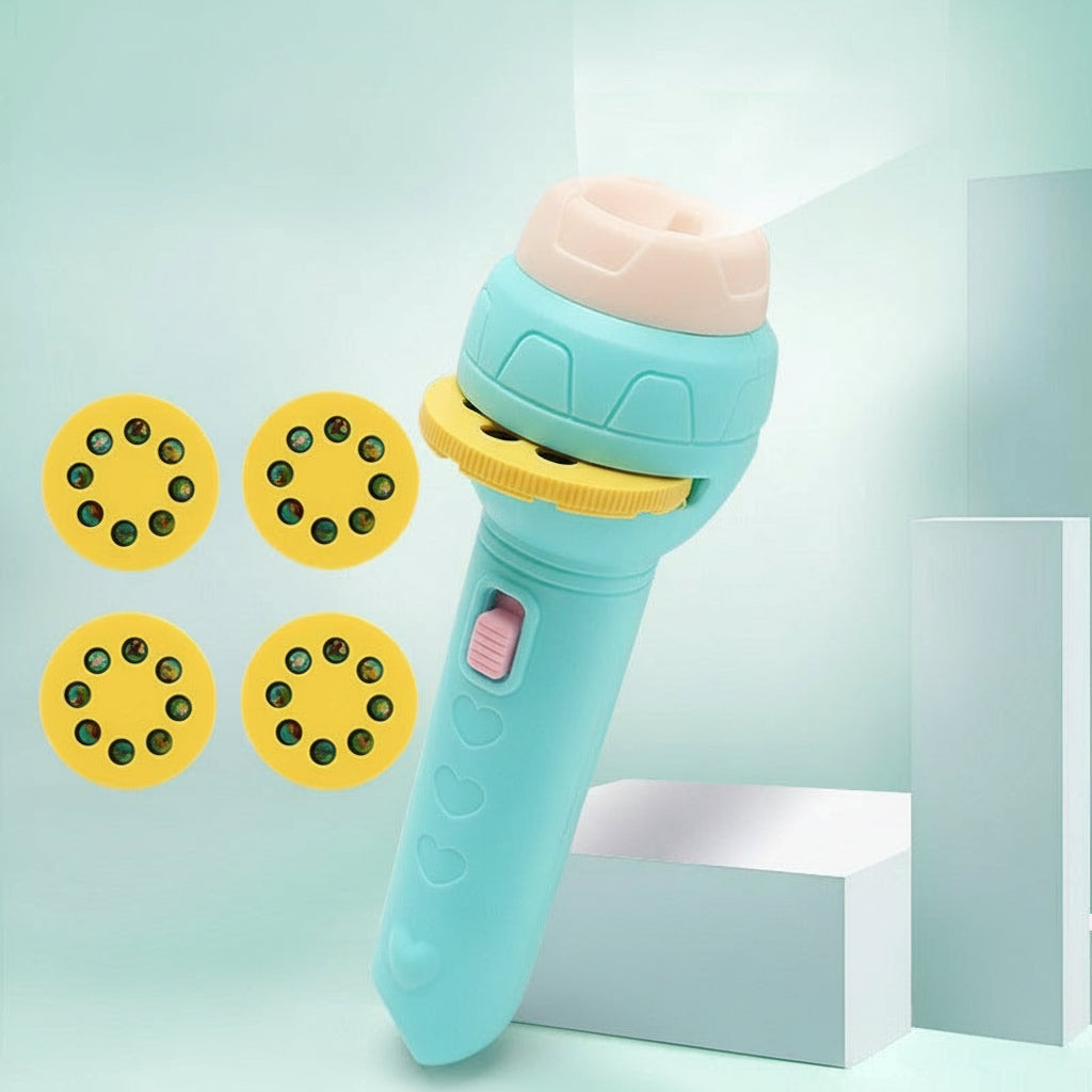 Toy flashlight with projection wheels on a light blue background