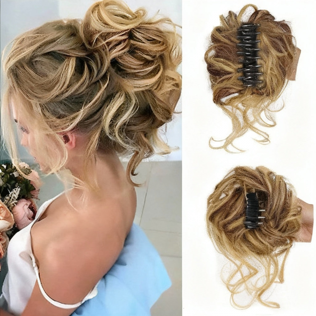 Blonde hairpiece styled in an updo with close-up views on a plain background