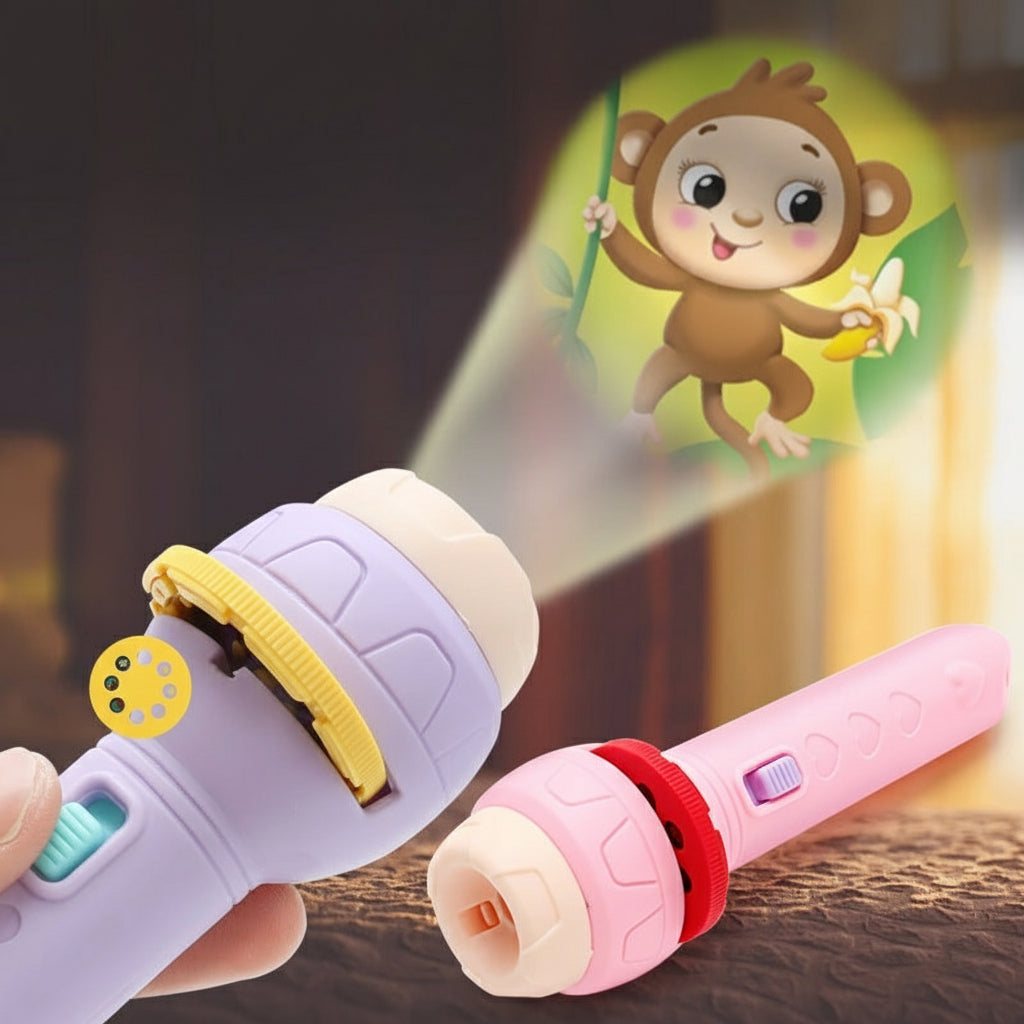 Two colorful children's flashlights with cartoon monkey projection on a wooden surface.