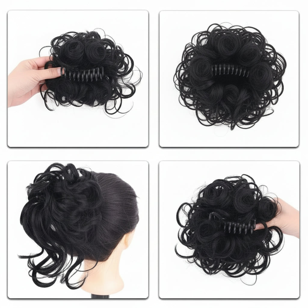 Black hair bun extension displayed on a mannequin head with different angles.
