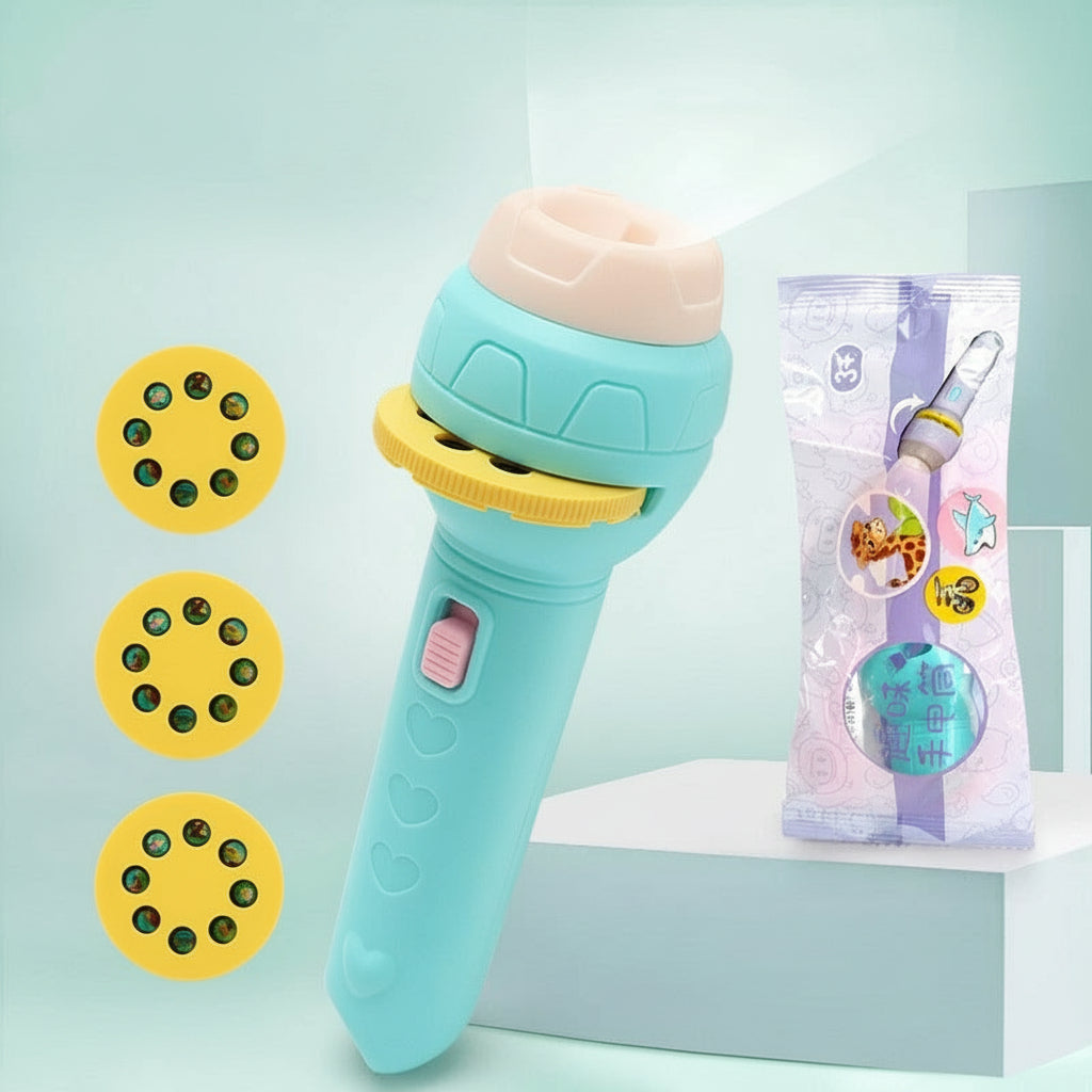 Toy flashlight with projection wheel and packaging on a light blue background