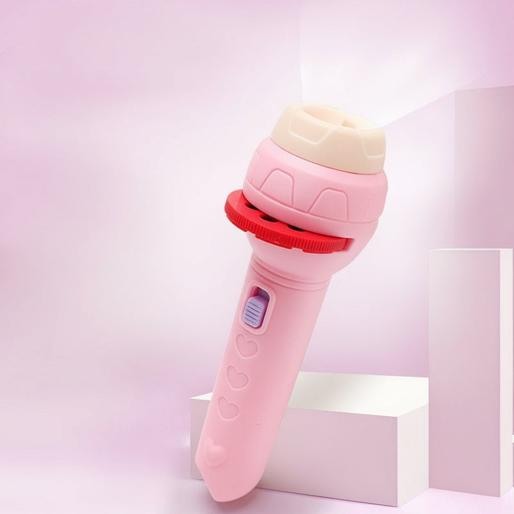 Pink handheld flashlight on a light pink background