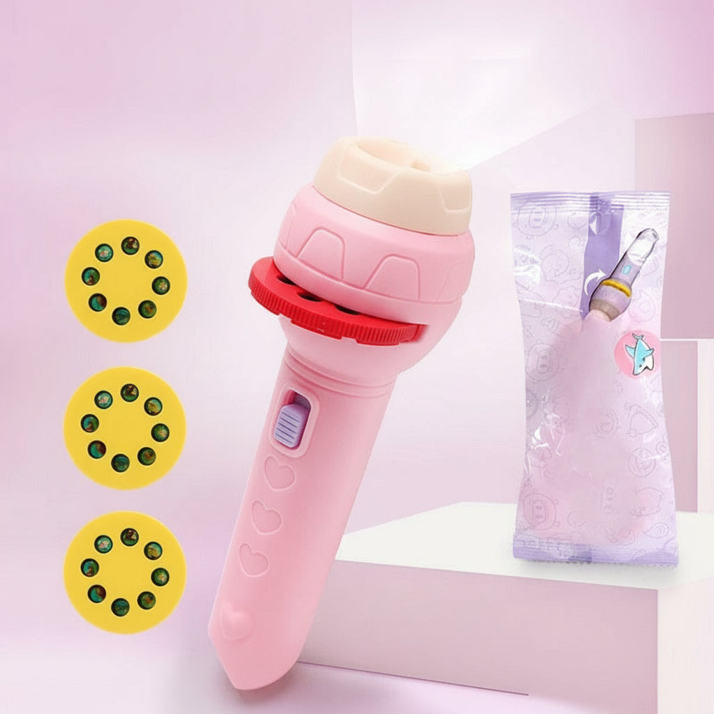 Pink toy flashlight with packaging and projection wheel on a light pink background