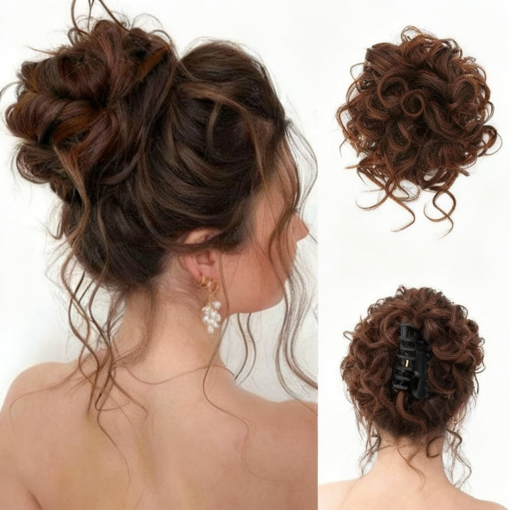 Brown hair bun extension with a close-up of the product on a white background