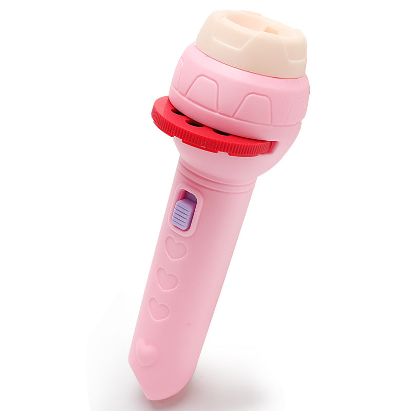 Pink toy flashlight with a red base on a white background