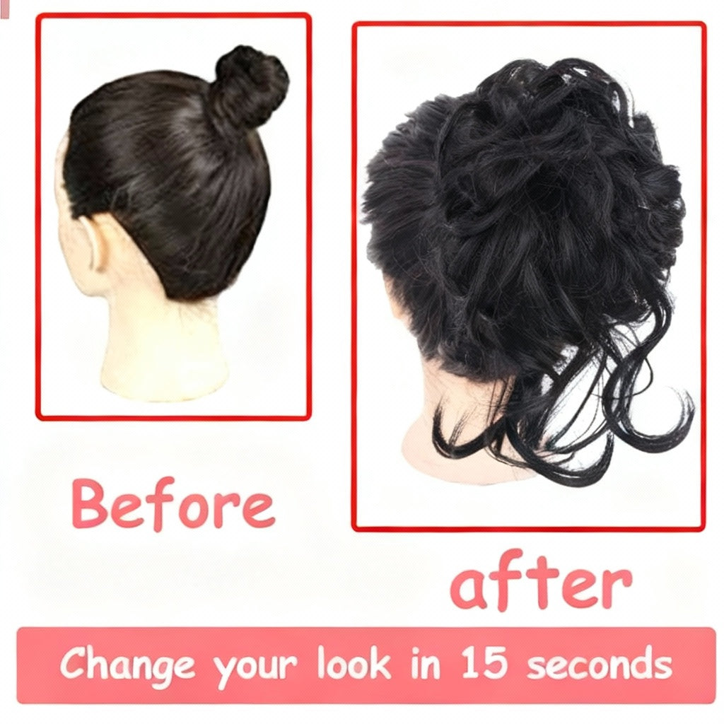 Before and after comparison of a hair extension on a mannequin head with text 'Before' and 'after' displayed.