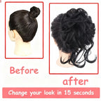 Before and after comparison of a hair extension on a mannequin head with text 'Before' and 'after' displayed.