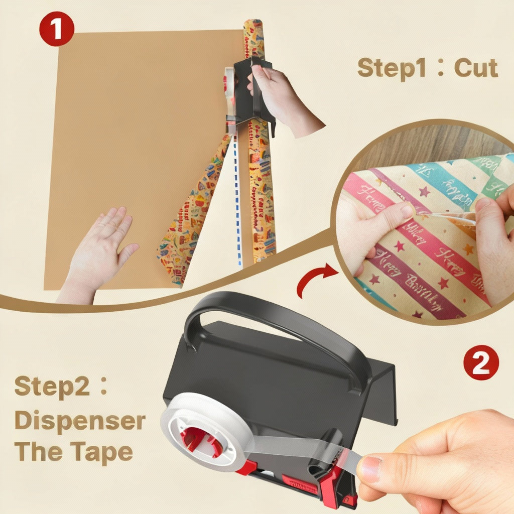 Step-by-step guide on using a tape dispenser with colorful tape.