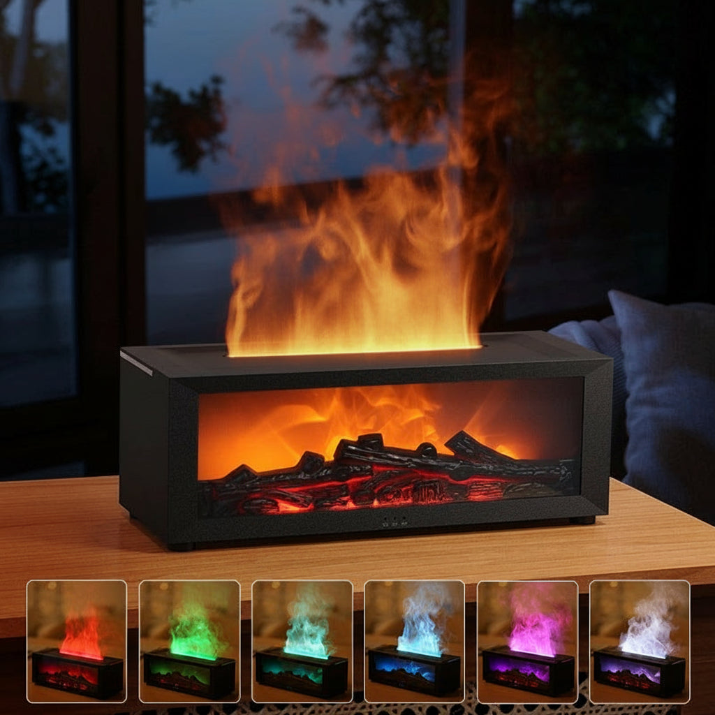 Electric fireplace with flame effect on a table, surrounded by text in Chinese.