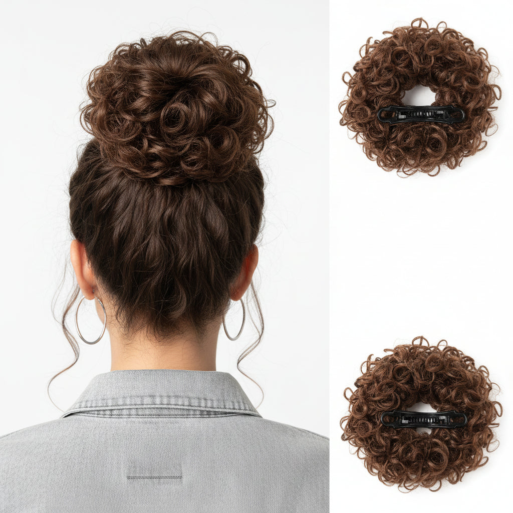 Brown hair bun extension worn by a person and displayed separately on a white background.
