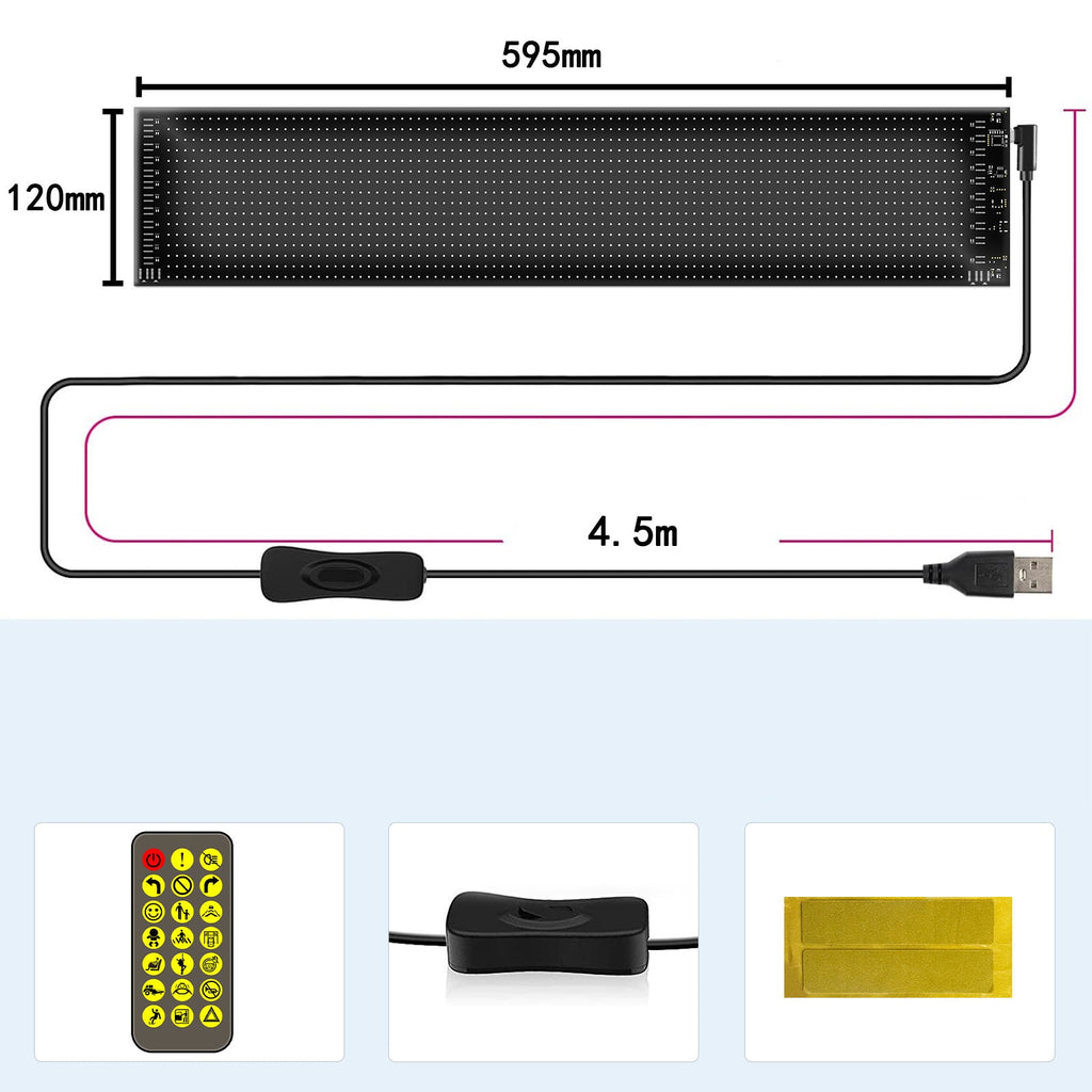 LED strip light with dimensions and USB cable on a white background