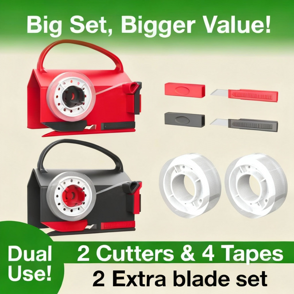 Set of dual-use cutters and tapes with additional blades on a beige background