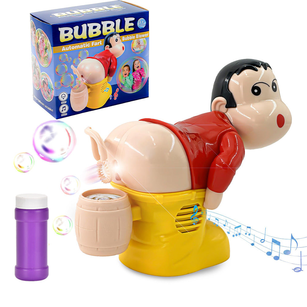 Bubble machine with cartoon character design, including bubbles and packaging in the background.
