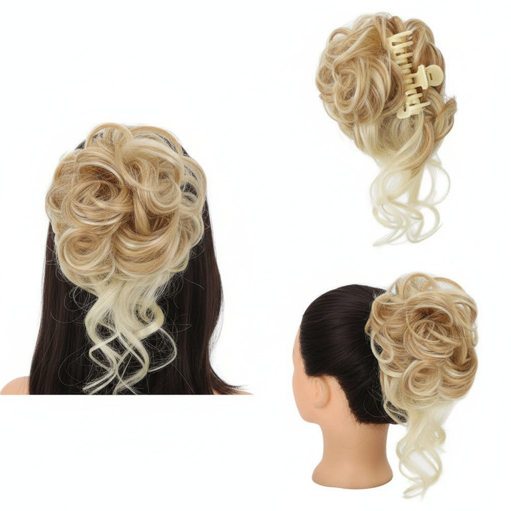 Blonde hair extensions styled on a person and mannequin head against a white background.