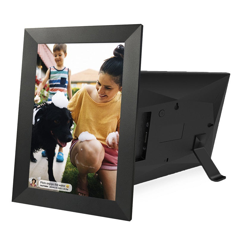 Digital photo frame displaying a family with a dog on a white background