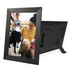 Digital photo frame displaying a family with a dog on a white background