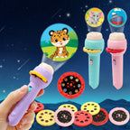 Colorful children's projection lamps with cartoon designs on a starry night background