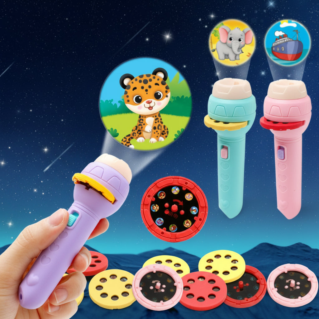 Colorful children's projection lamps with cartoon designs on a starry night background