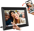 Digital photo frame displaying a selfie of four people, with a hand holding a phone showing a social media app interface.