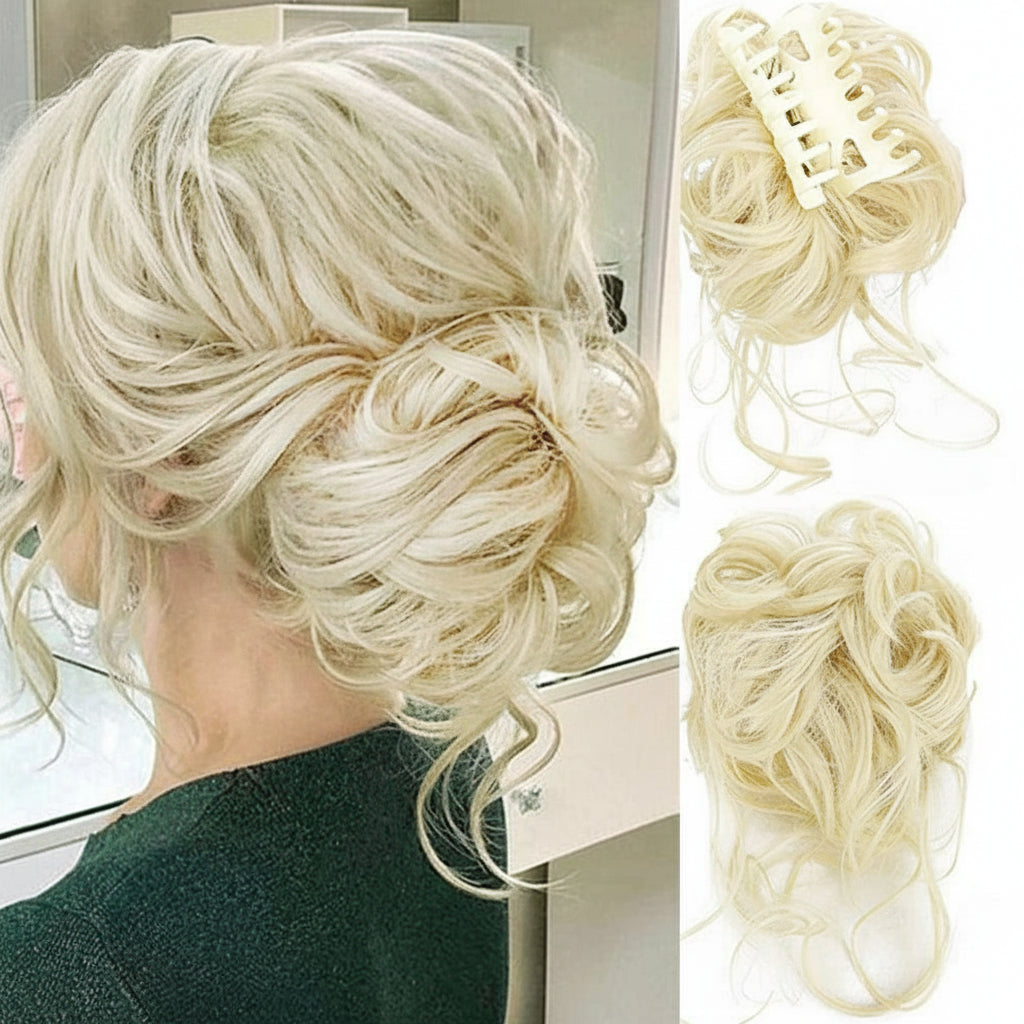 Blonde hair extension styled in an updo with a close-up of the extension on a white background.