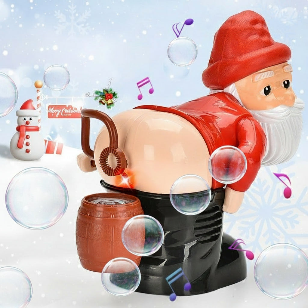 Bubble machine shaped like a Santa Claus with colorful bubbles and snowman in the background