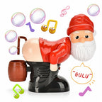 Toy figure of Santa Claus with a barrel, surrounded by musical notes and bubbles on a green background.