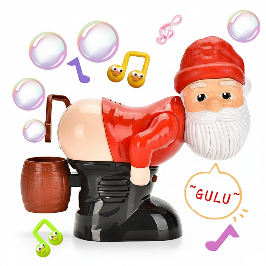 Toy figure of Santa Claus with a barrel, surrounded by musical notes and bubbles on a green background.