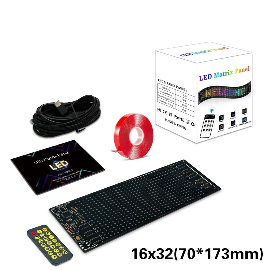 LED Matrix Panel kit with packaging, cable, remote control, and ribbon on a white background.