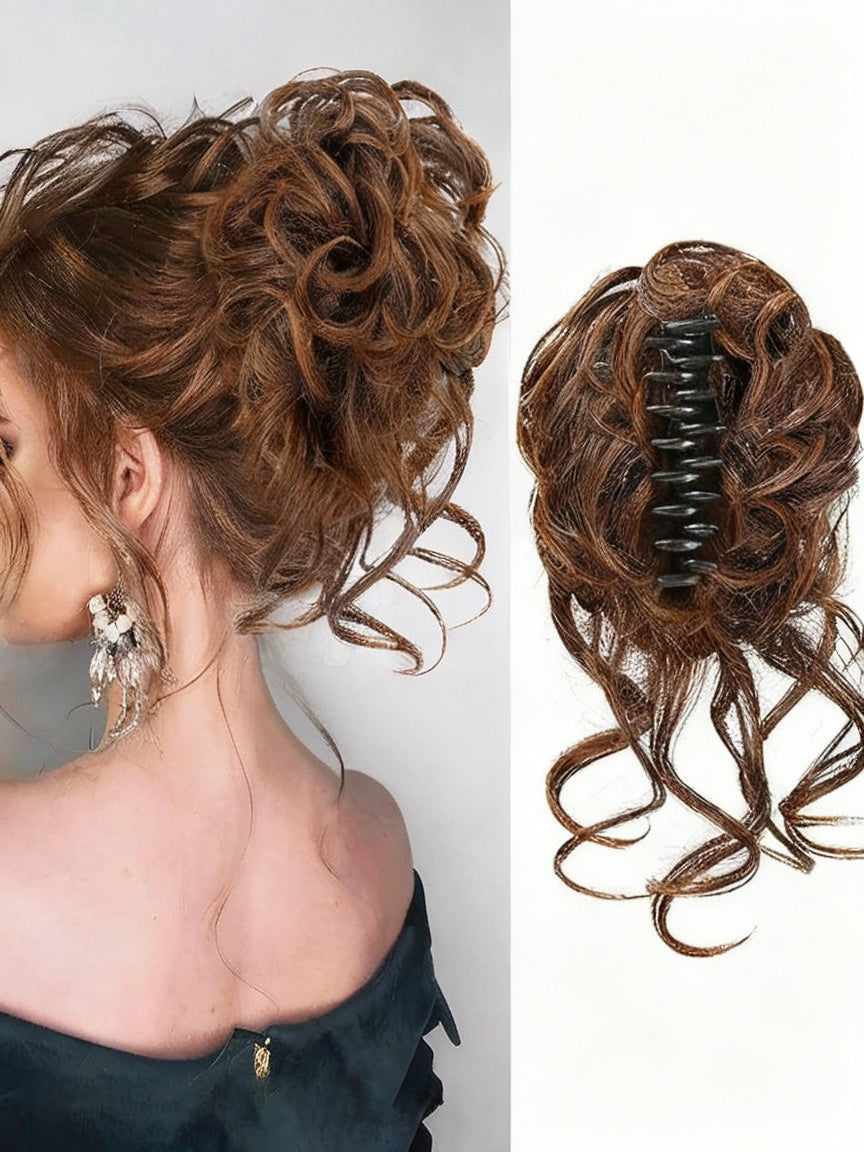 Woman with styled hair and close-up of a brown hairpiece on a white background