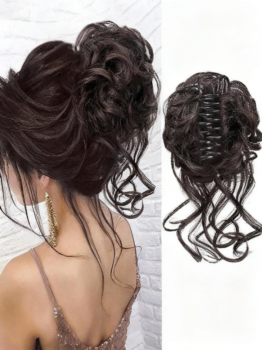 Hair bun extension worn by a person with a plain background