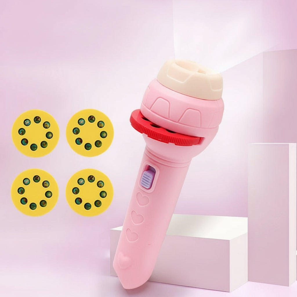 Pink toy flashlight with projection wheels on a pink background
