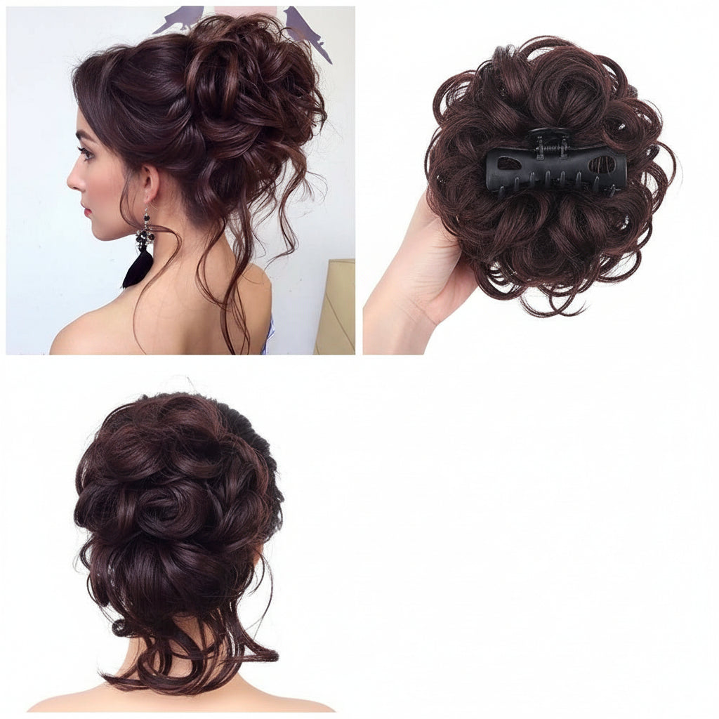 Brown hair bun accessory on a mannequin head and close-up view.